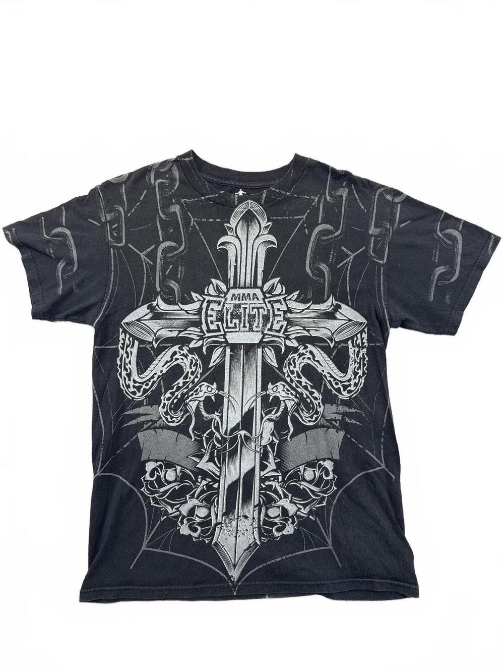 MMA Elite Graphic T-Shirt Vintage Y2K Black Cross Snake All Over Print Mens